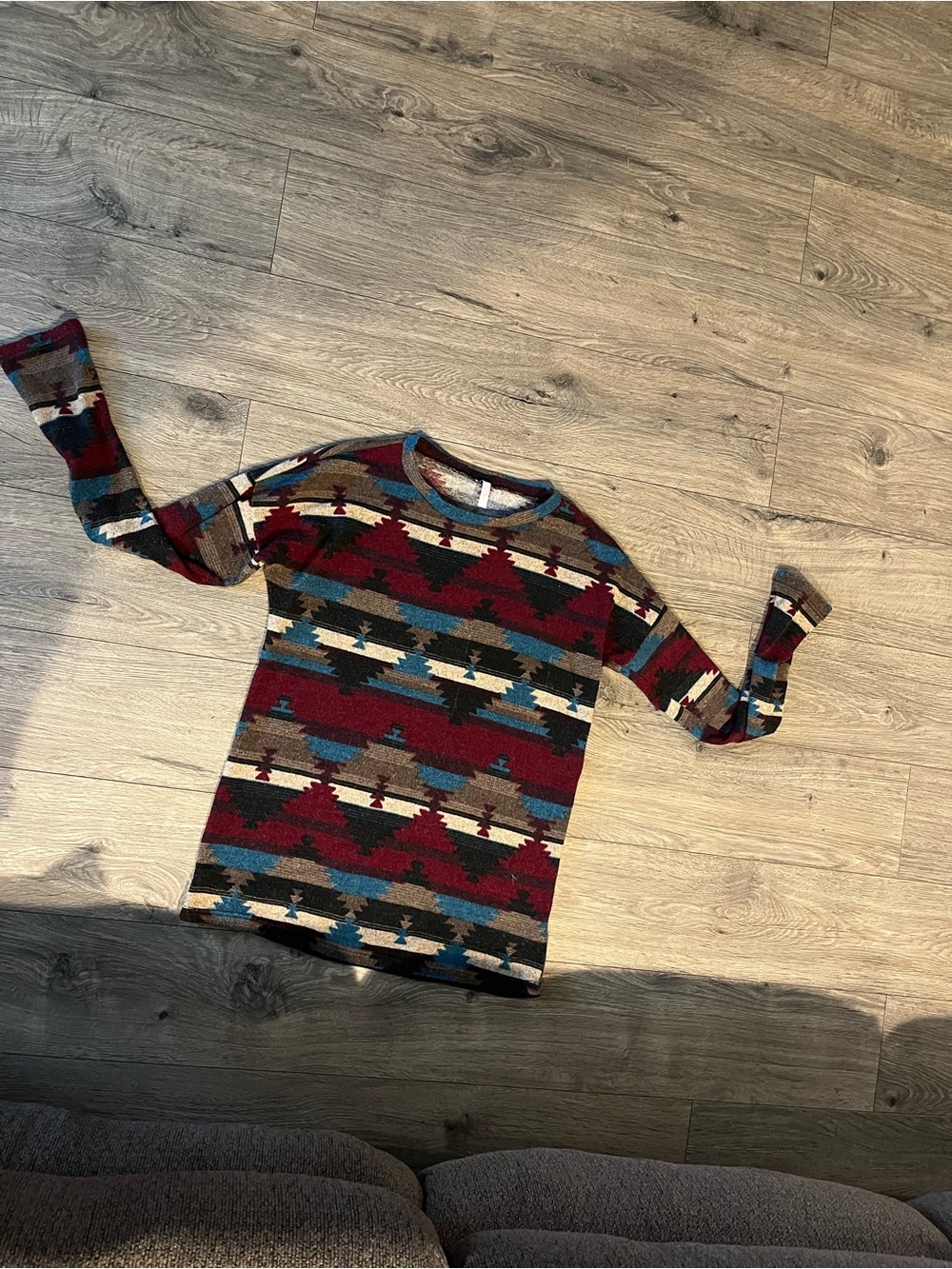Pinkblush women Aztec Crewneck Sweater in Burgundy, Teal, Cream, Brown & Gray